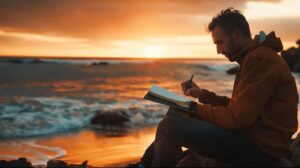 A man sitting by the ocean at sunset writing in a journal