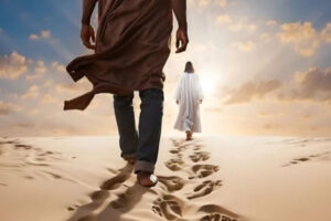 Jesus walking ahead of a man into eternity