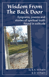 Wisdom From The Back Door book cover with transparent leaves and a view of a back door overlooking a back yard